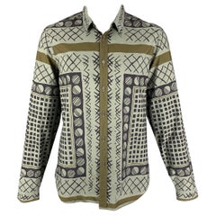 BURBERRY PRORSUM Spring 2013 Size XL Green Black Print Cotton Long Sleeve Shirt