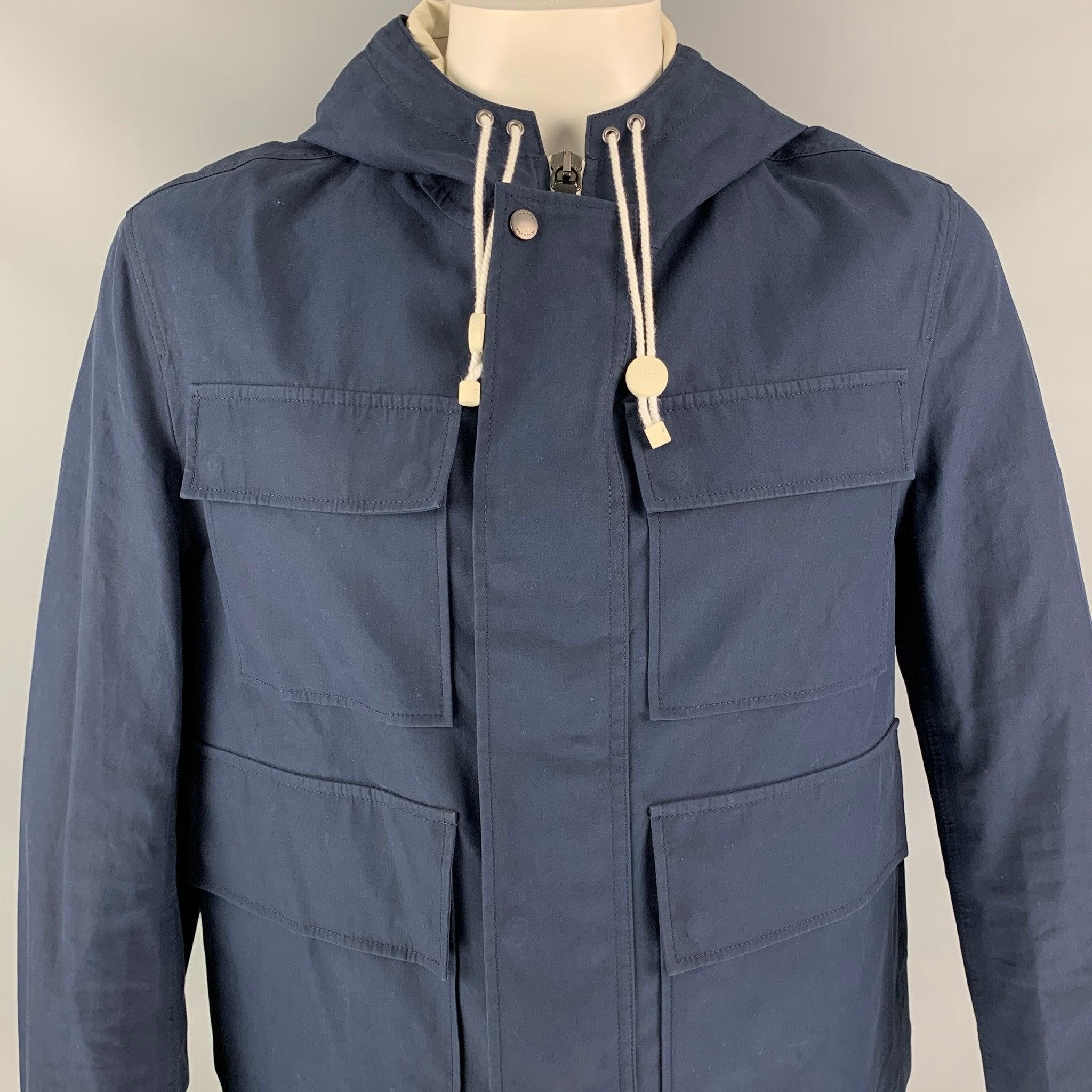 Black BURBERRY PRORSUM Spring 2014 Size 42 Navy Blue Coated Cotton Hooded Jacket