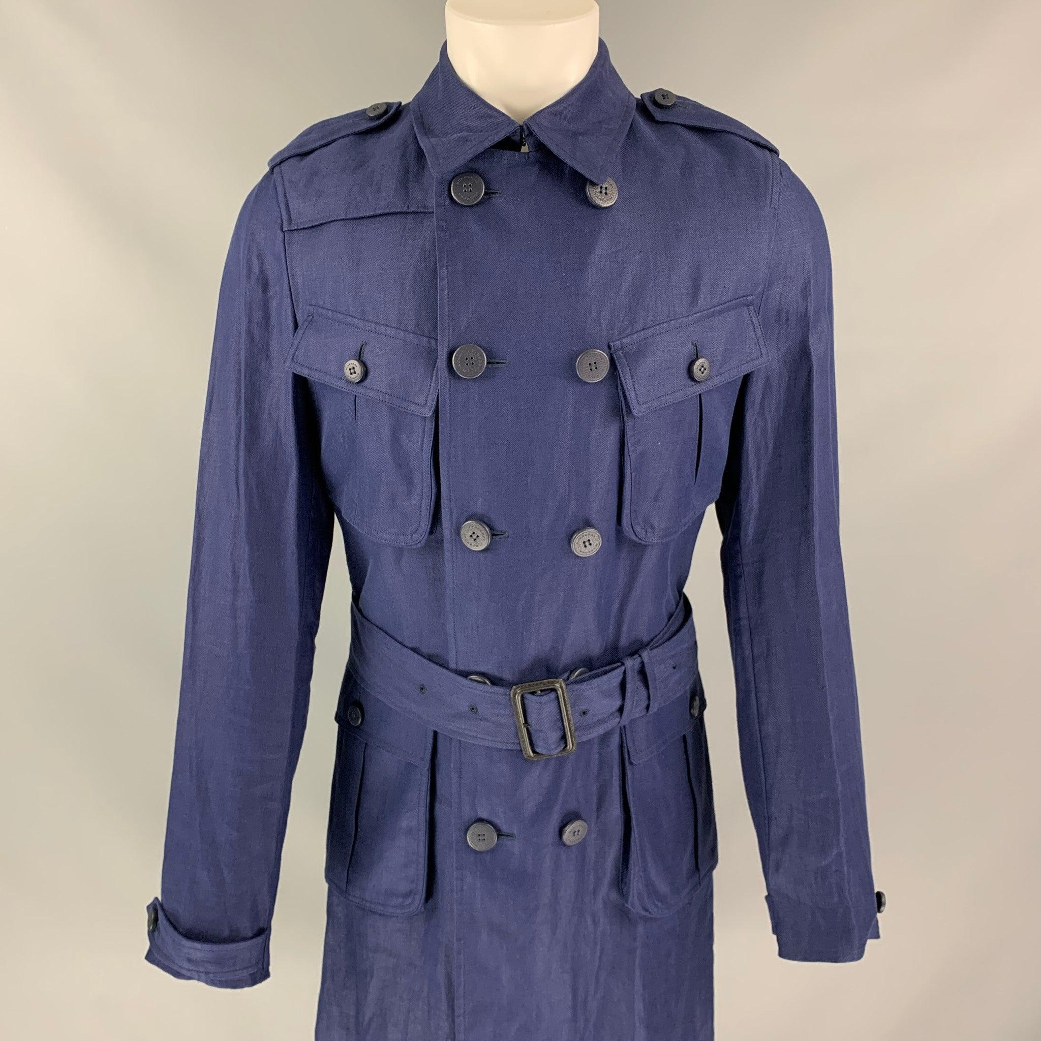 BURBERRY PRORSUM Spring 2015 Size 40 Navy Linen Trench Coat In Excellent Condition For Sale In San Francisco, CA