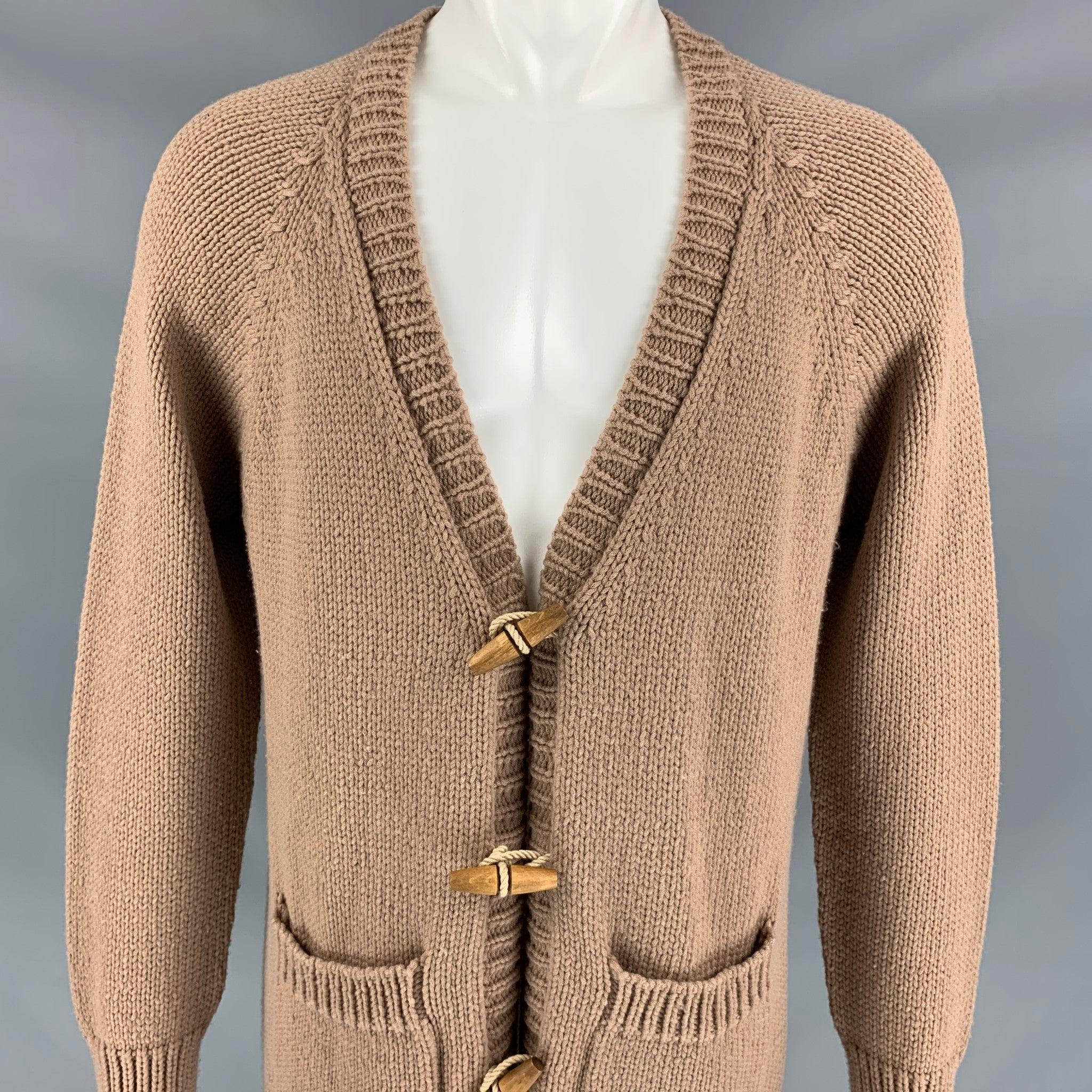 Brown BURBERRY PRORSUM Spring 2015 Size M Tan Cashmere Patch Pocket Cardigan Sweater For Sale