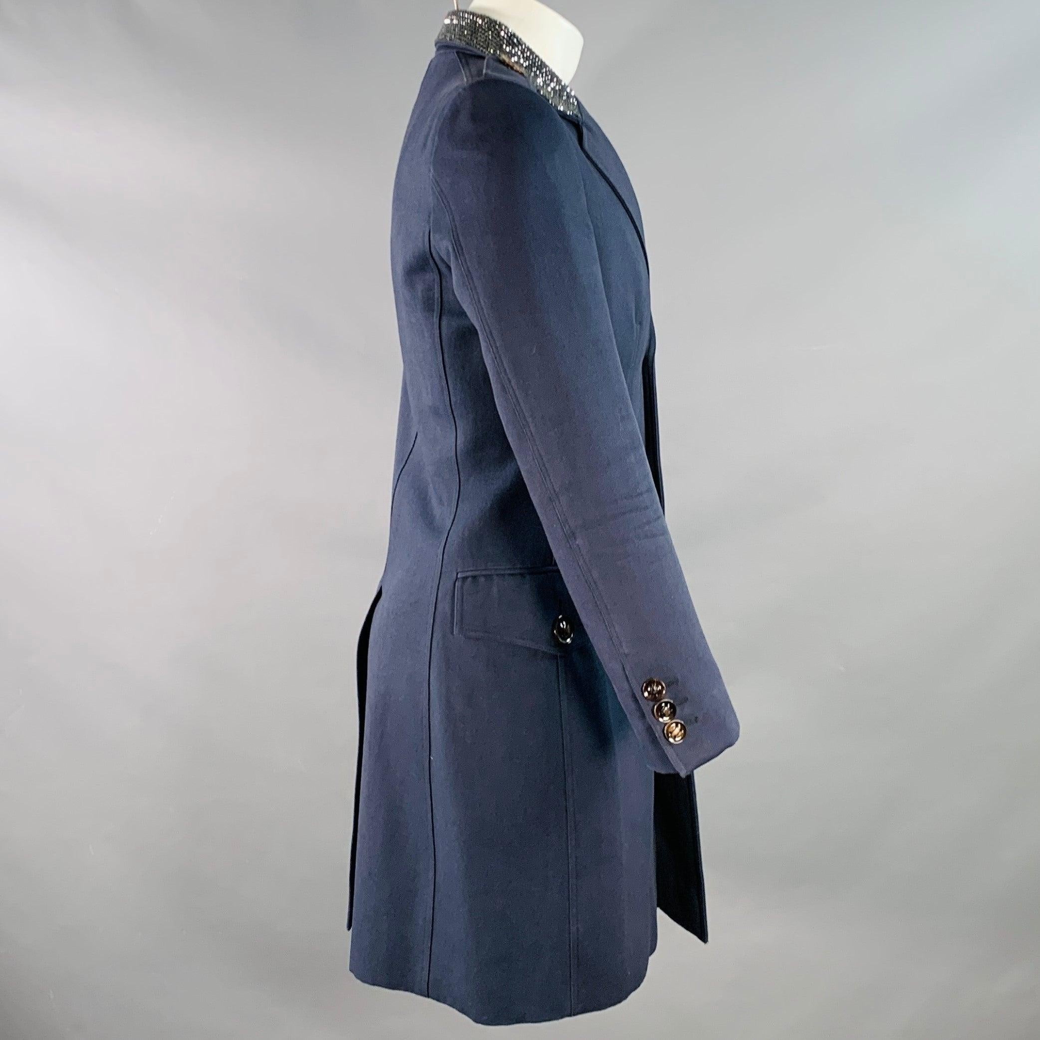 BURBERRY PRORSUM SS07 Size 38 Navy Rhinestone Cotton Wool Military Style Peacoat In Good Condition For Sale In San Francisco, CA