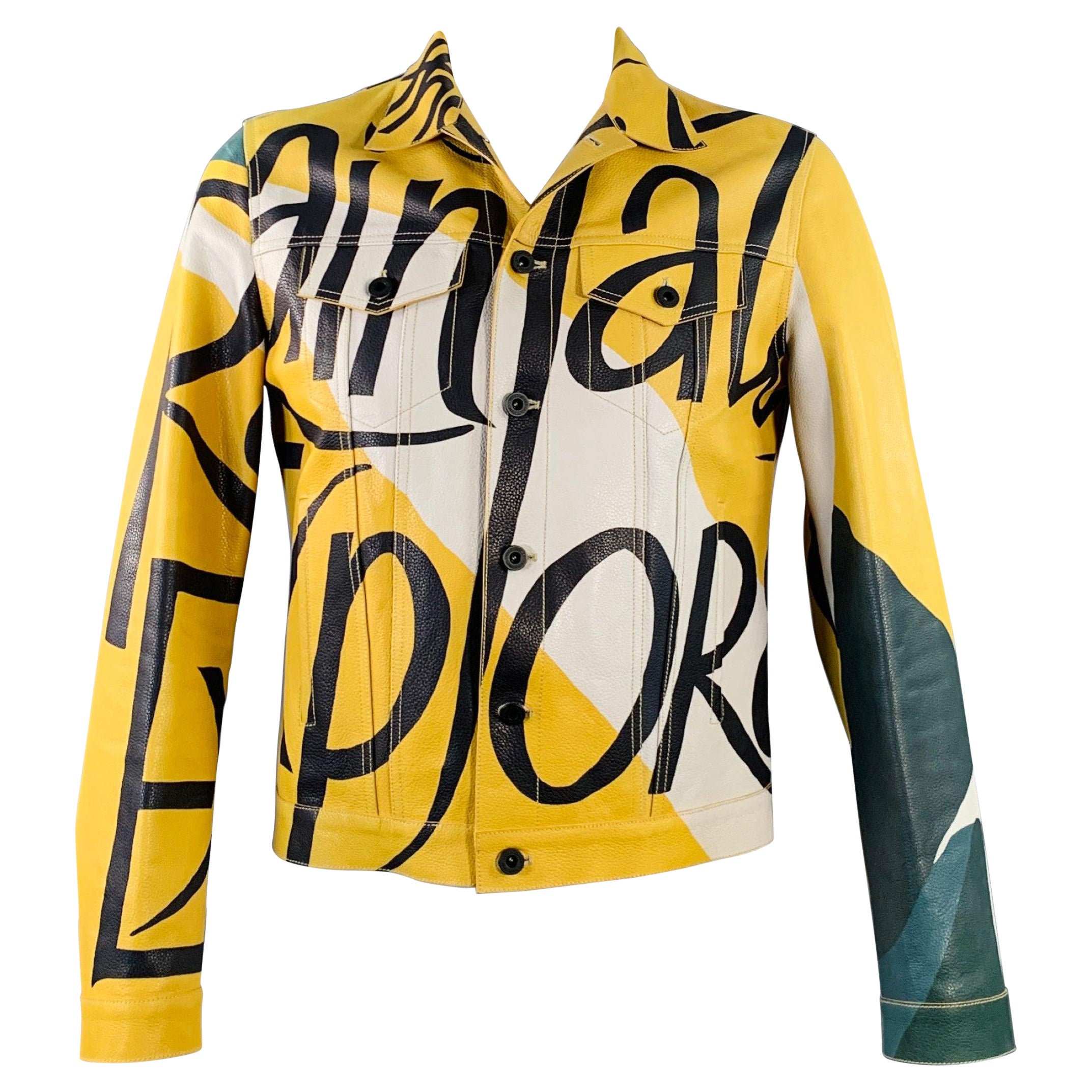 BURBERRY PRORSUM SS15 Size 42 Yellow Black Book Cover Print Leather Jacket For Sale