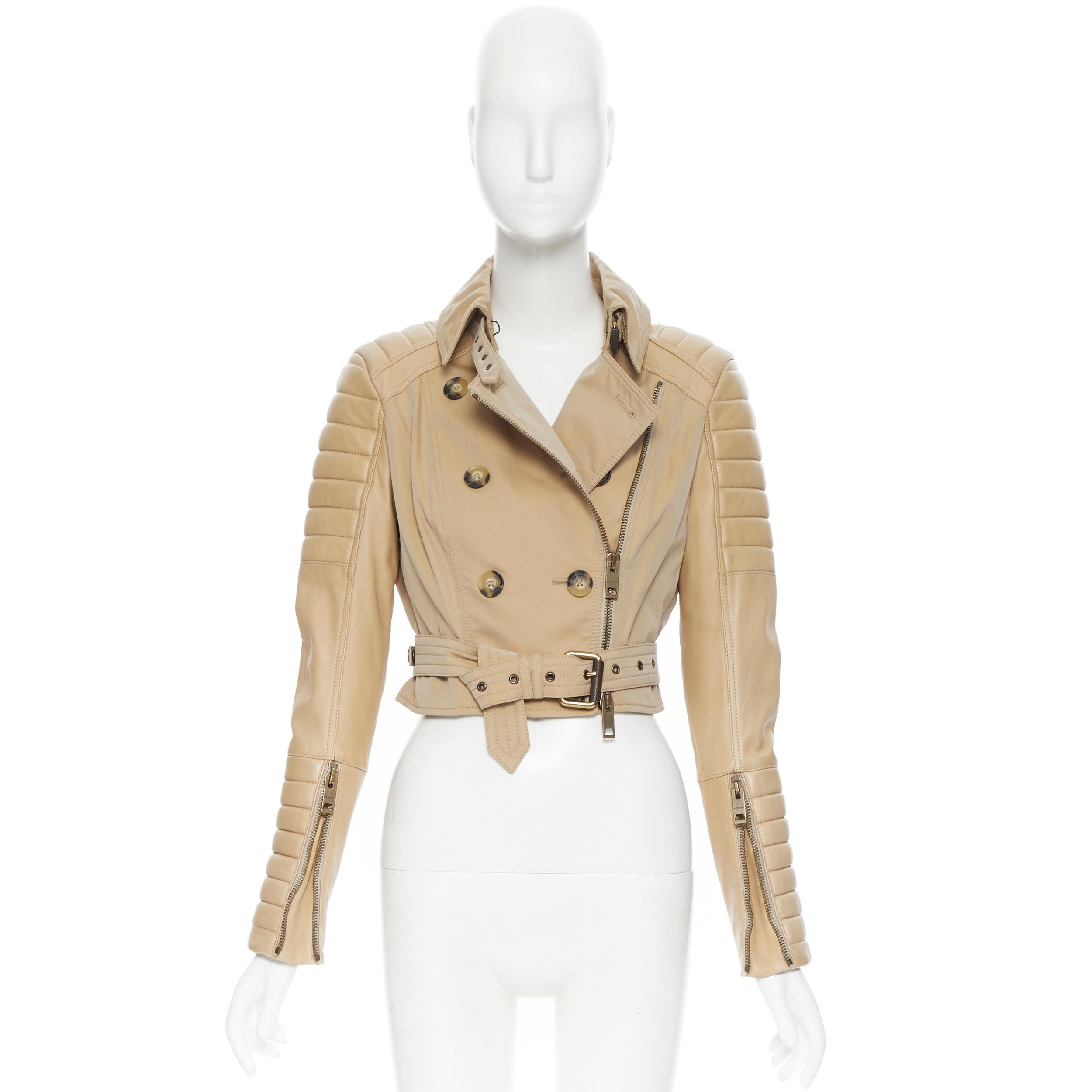 BURBERRY PRORSUM gabardina acolchada de piel acanalada con mangas de cuero IT40 Beige