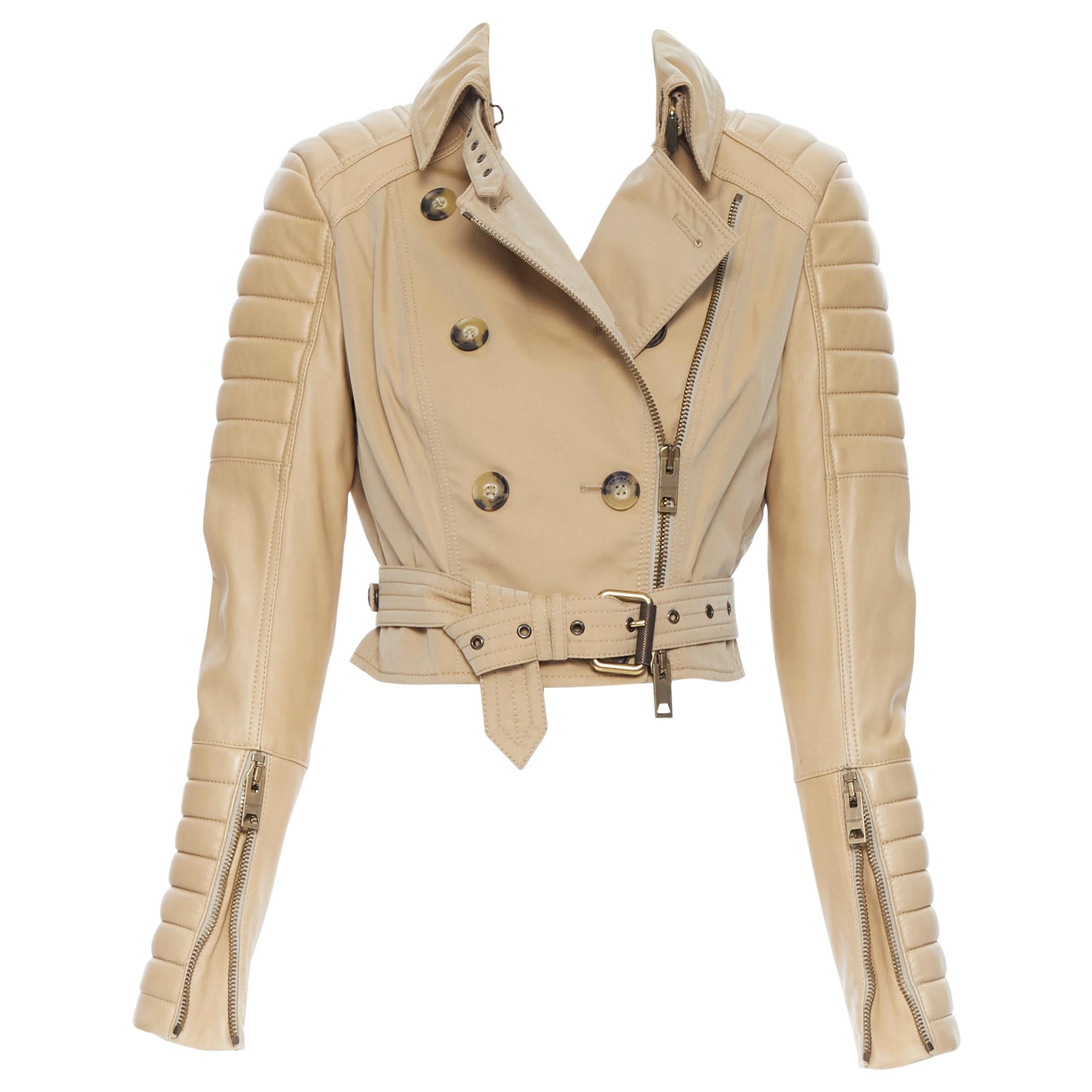 BURBERRY PRORSUM tan quilted ribbed leather sleather sleeve cropped ...