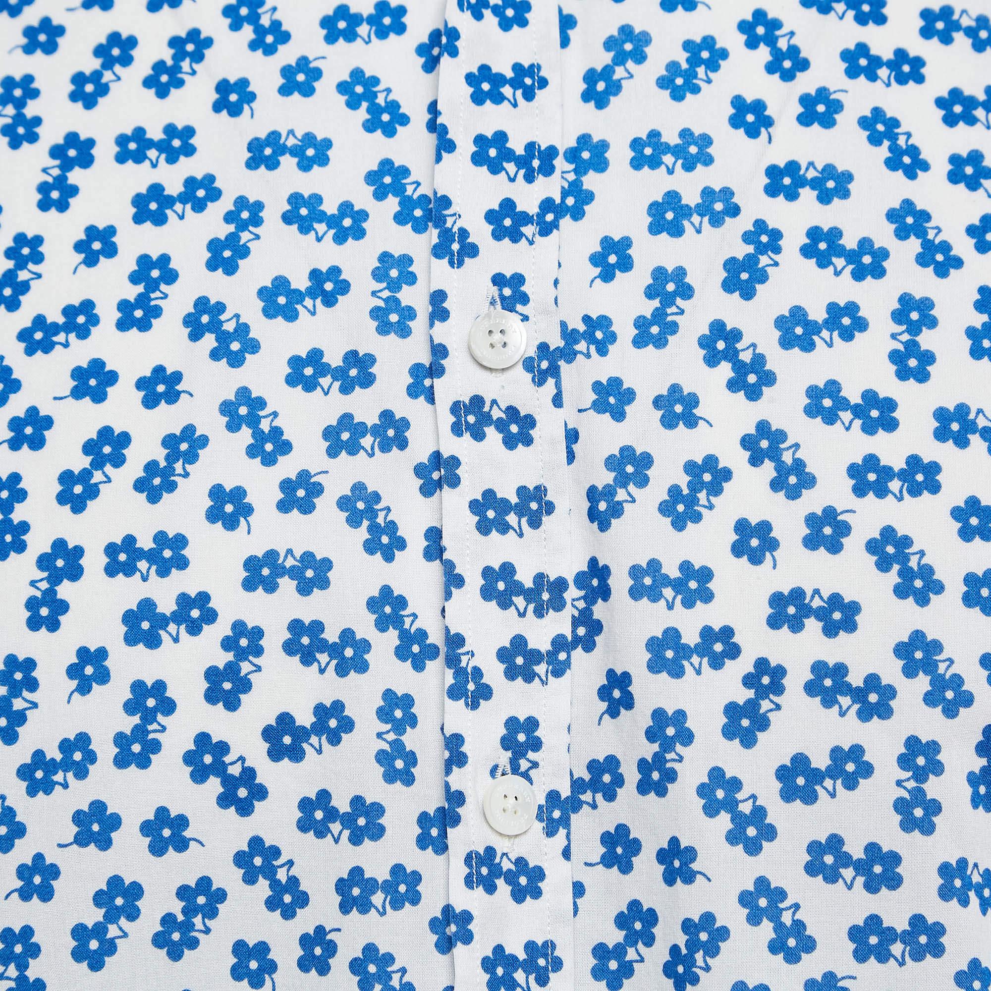 Purple Burberry Prorsum White/Blue Flower Print Cotton Long Sleeve Shirt XL