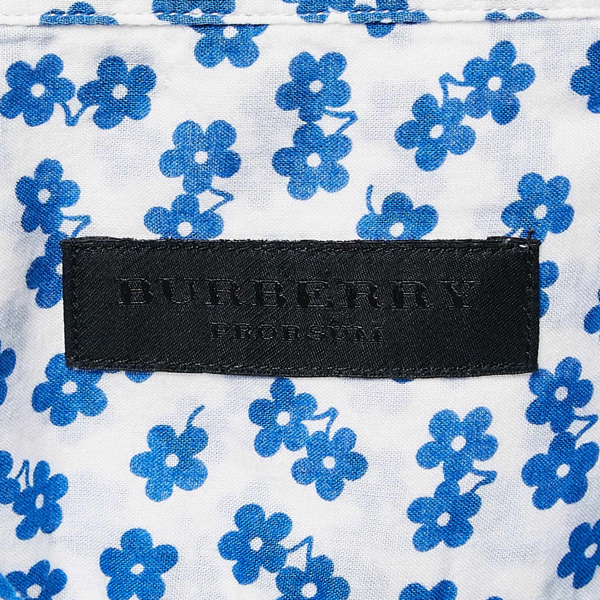 Burberry Prorsum White/Blue Flower Print Cotton Long Sleeve Shirt XL In Good Condition In Dubai, Al Qouz 2
