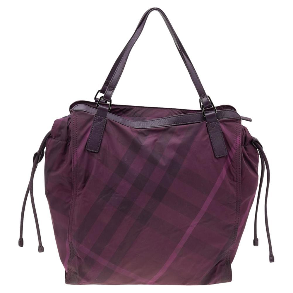 Burberry Purple Check Nylon And Leather Buckleigh Tote