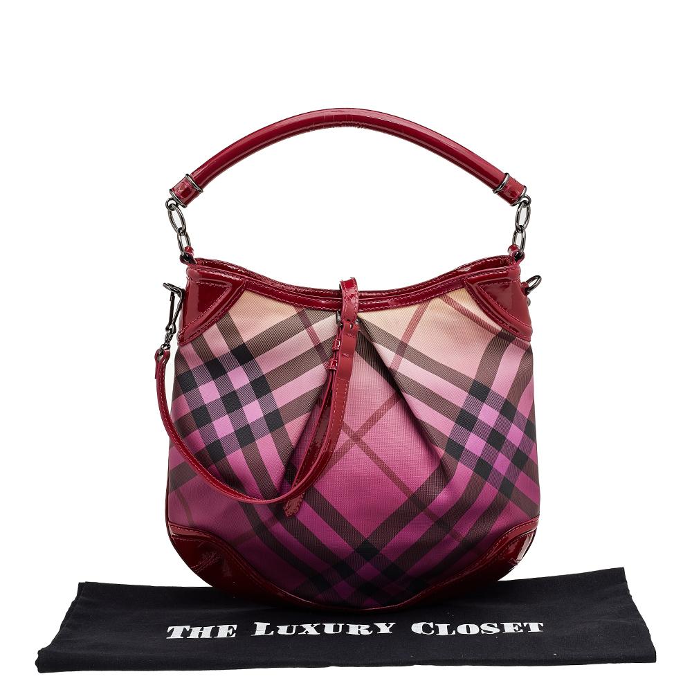 Burberry Raspberry Gradient Supernova Check Canvas And Patent Leather Hobo 7