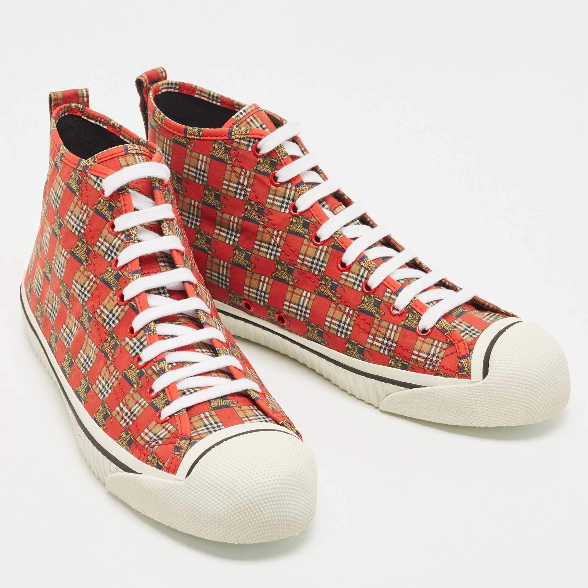 Pink Burberry Red/Beige Canvas Kingly Print High Top Sneakers Size 45 For Sale