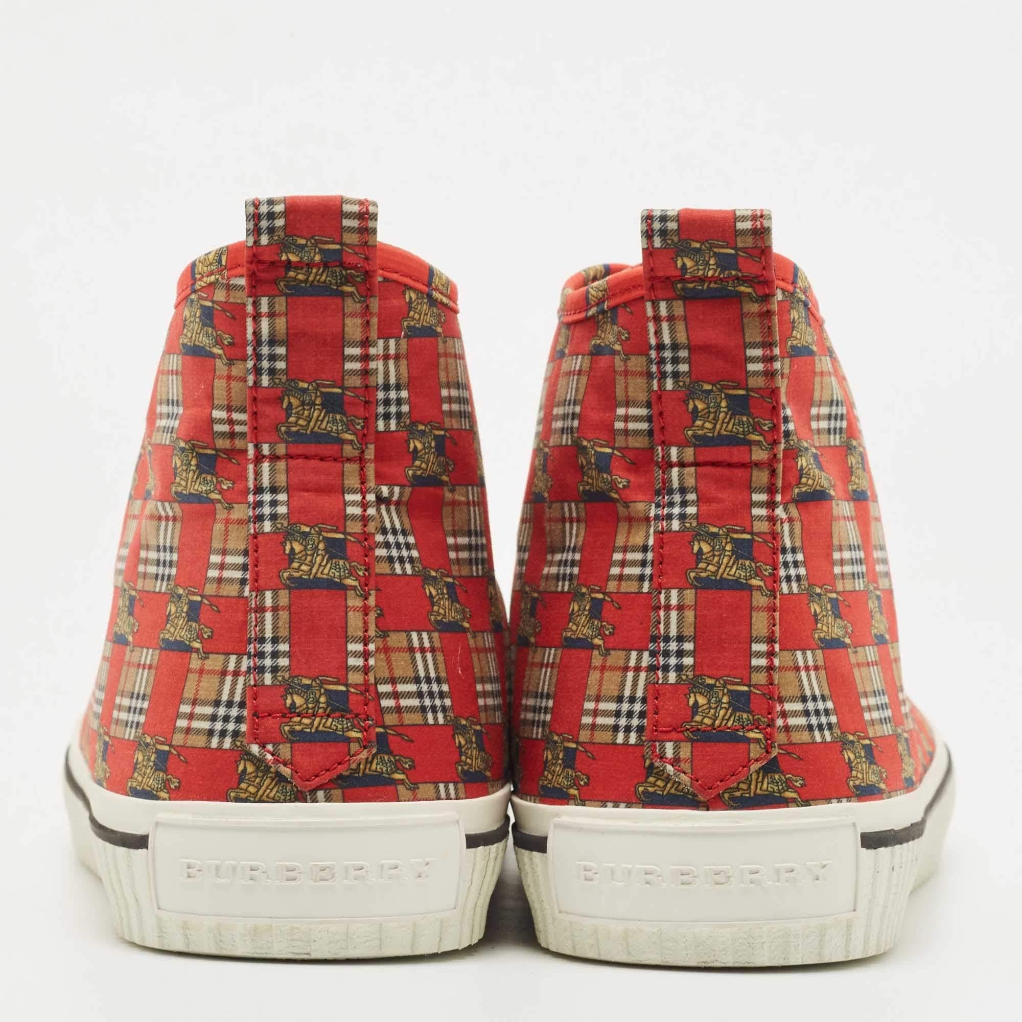 Men's Burberry Red/Beige Canvas Kingly Print High Top Sneakers Size 45 For Sale