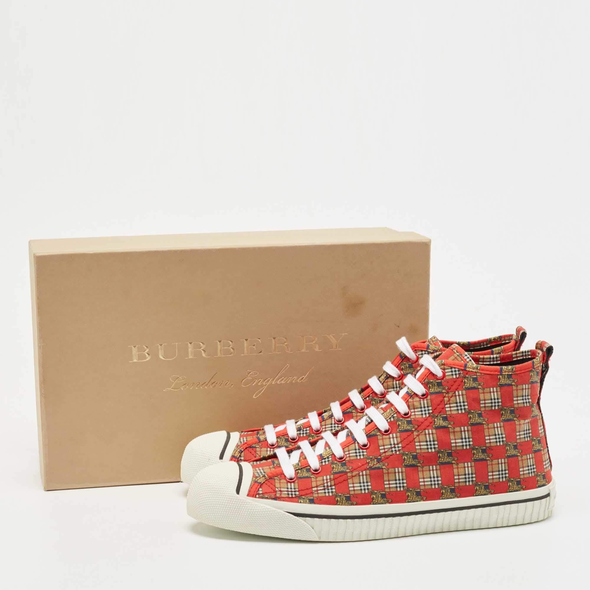 Burberry Red/Beige Canvas Kingly Print High Top Sneakers Size 45 For Sale 2