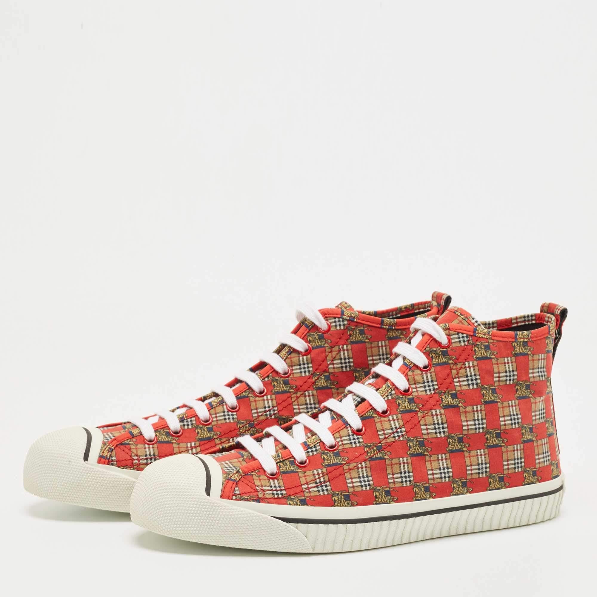 Burberry Red/Beige Canvas Kingly Print High Top Sneakers Size 45 For Sale 3