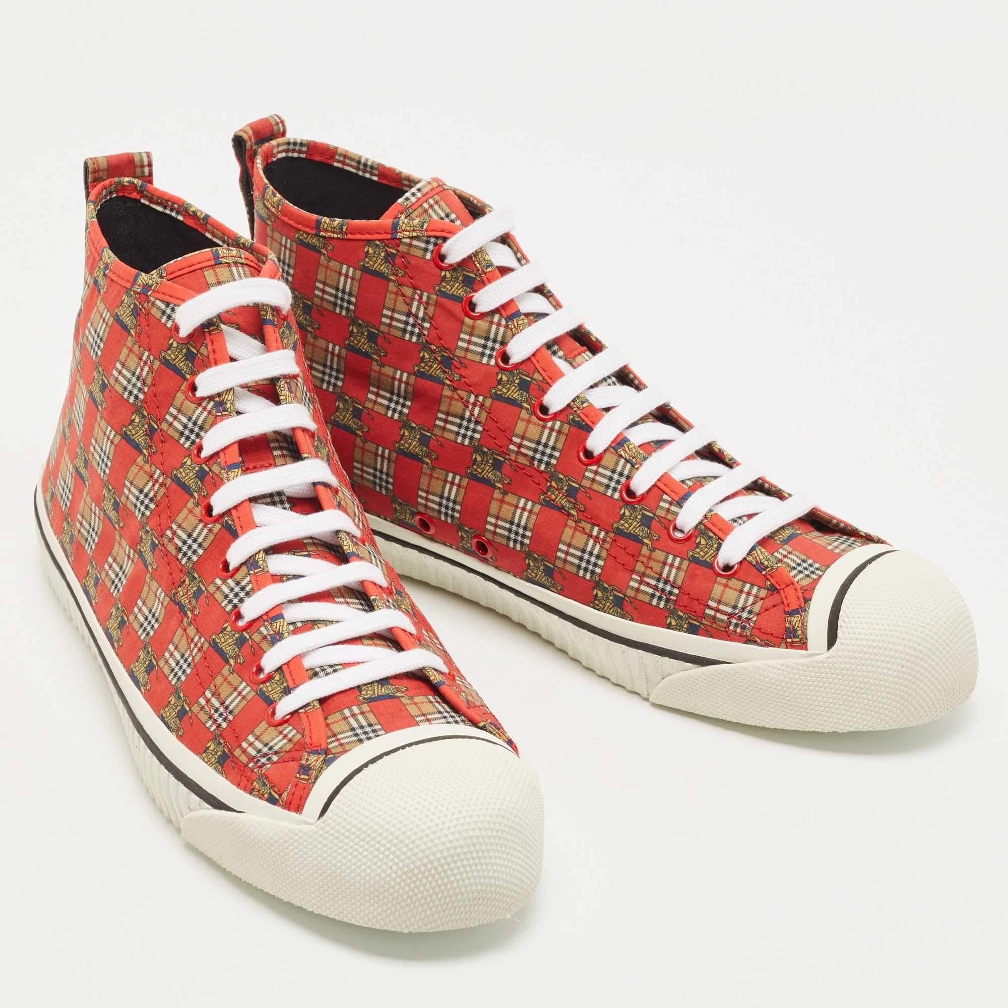 Burberry Red/Beige Canvas Kingly Print High Top Sneakers Size 45 For Sale 4