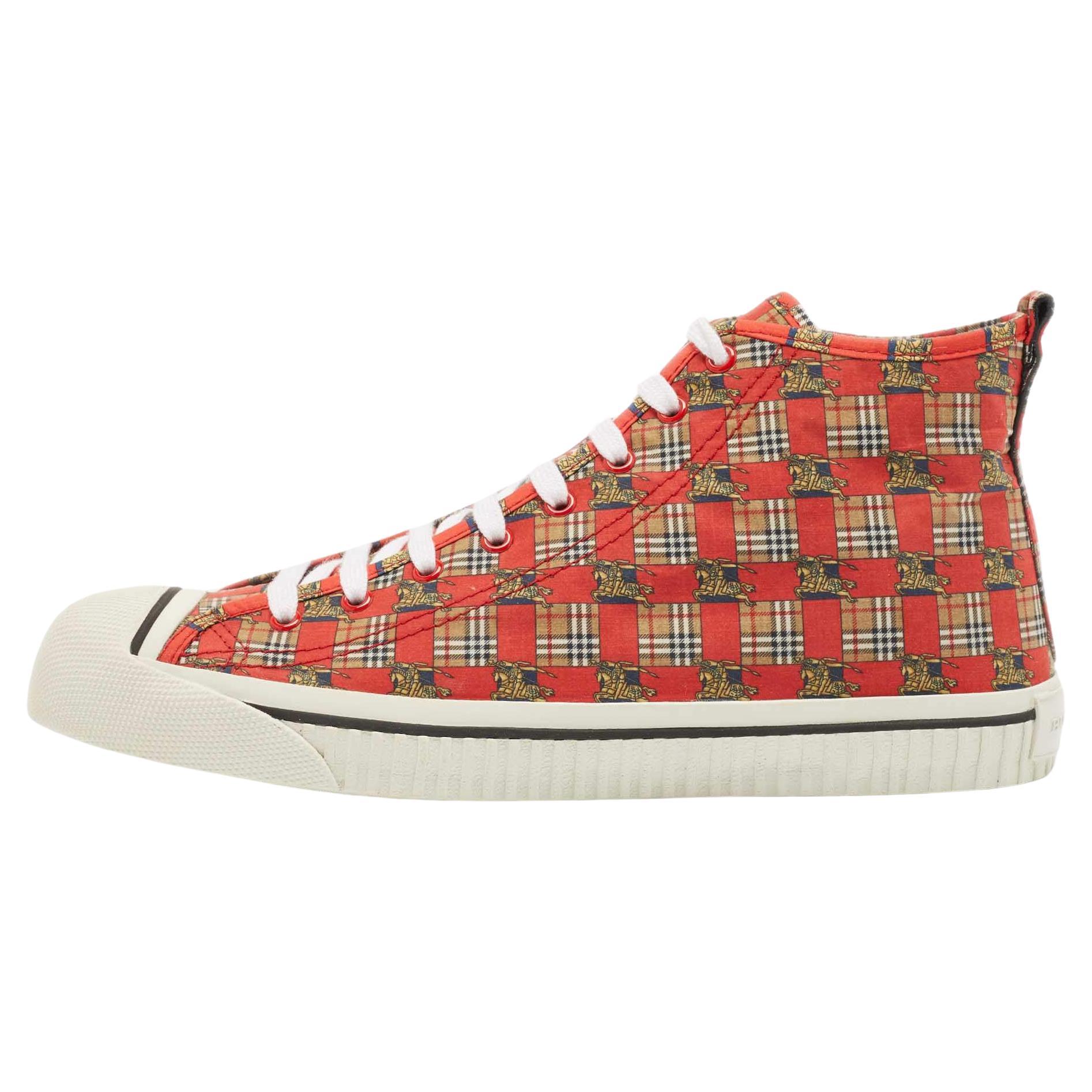 Burberry Red/Beige Canvas Kingly Print High Top Sneakers Size 45 For Sale