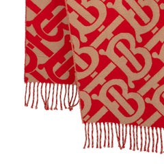 BURBERRY red & beige cashmere TB MONOGRAM JACQUARD Muffler Scarf