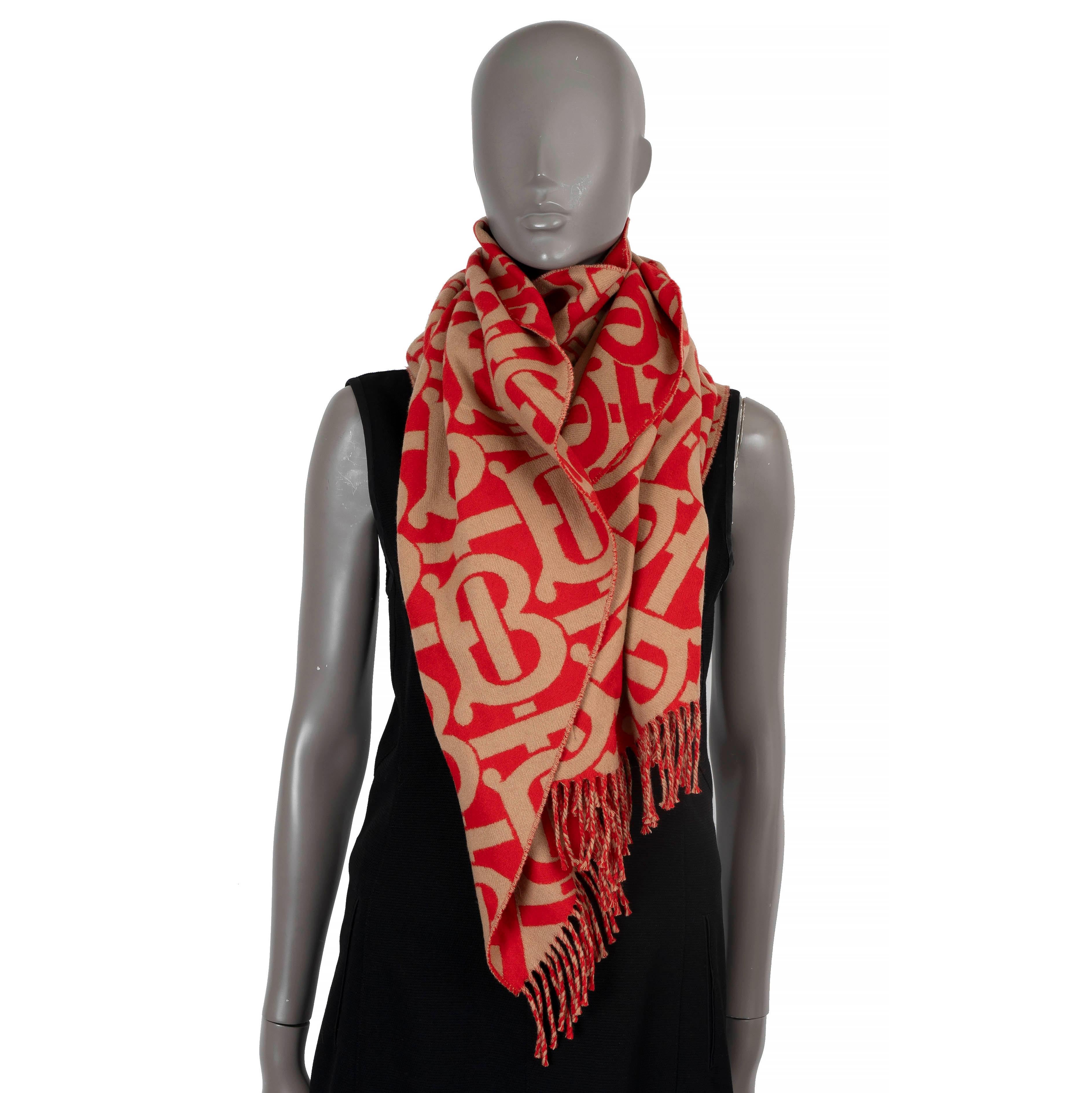 BURBERRY red & beige cashmere TB MONOGRAM JACQUARD Muffler Scarf In Excellent Condition In Zürich, CH