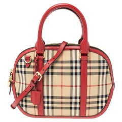 Burberry Red/Beige Haymarket Check Canvas and Leather Small Orchard Bowler Bag