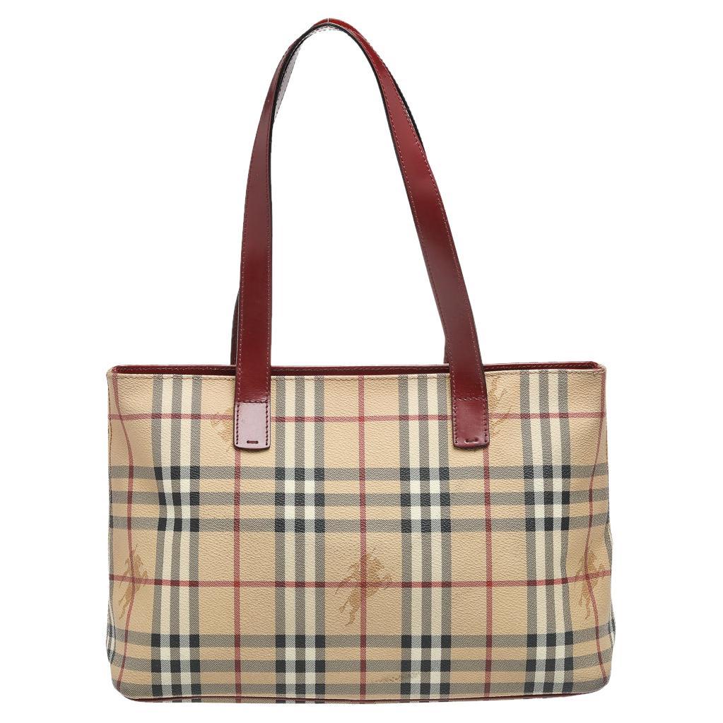 Burberry Red Beige Haymarket Check Coated Canvas And Leather Tote