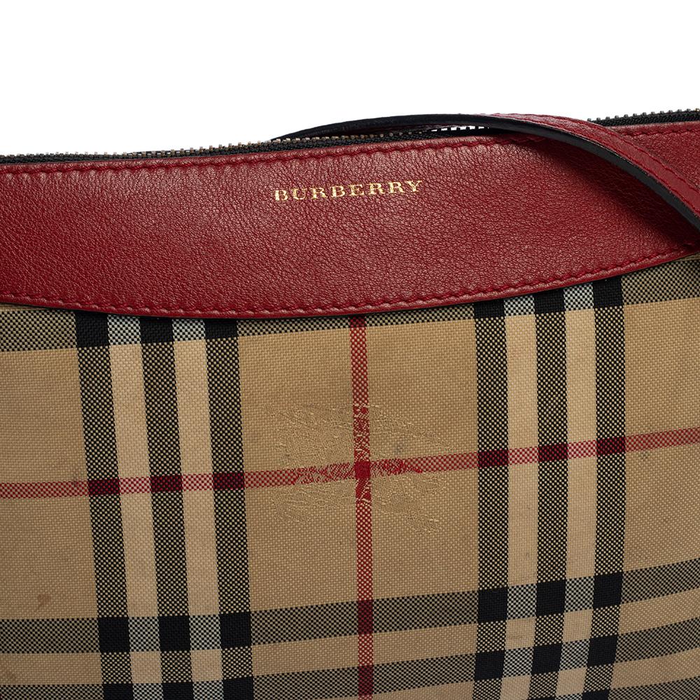 Brown Burberry Red/Beige Haymarket Check Fabric and Leather Peyton Crossbody Bag