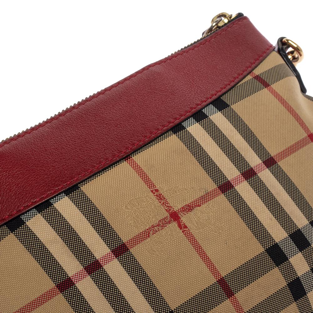 Burberry Red/Beige Haymarket Check Fabric and Leather Peyton Crossbody Bag In Good Condition In Dubai, Al Qouz 2