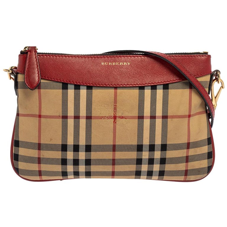 Burberry Red/Beige Haymarket Check Fabric and Leather Peyton Crossbody Bag  at 1stDibs