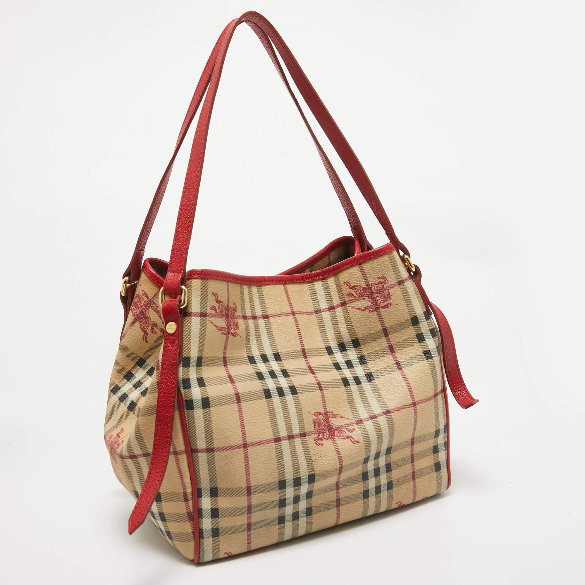 Brown Burberry Red/Beige Haymarket Coated Canvas and Leather Canterbury Tote