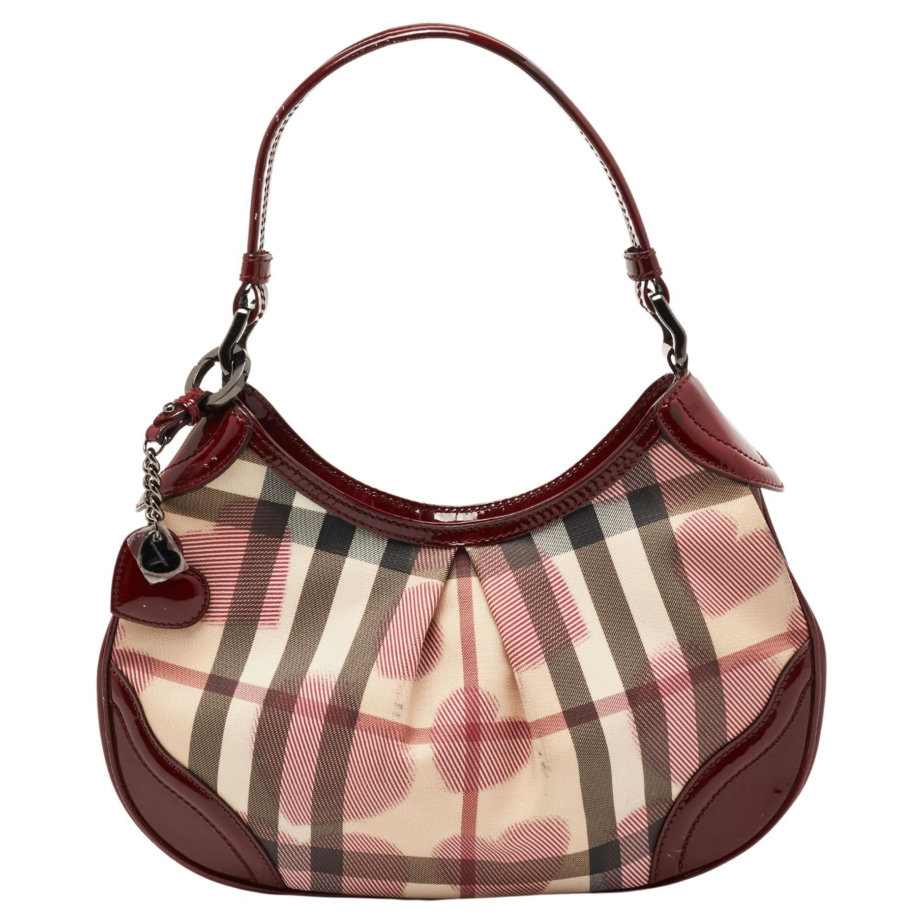 Burberry Red/Beige House Check Heart PVC and Patent Leather Brooklyn Hobo