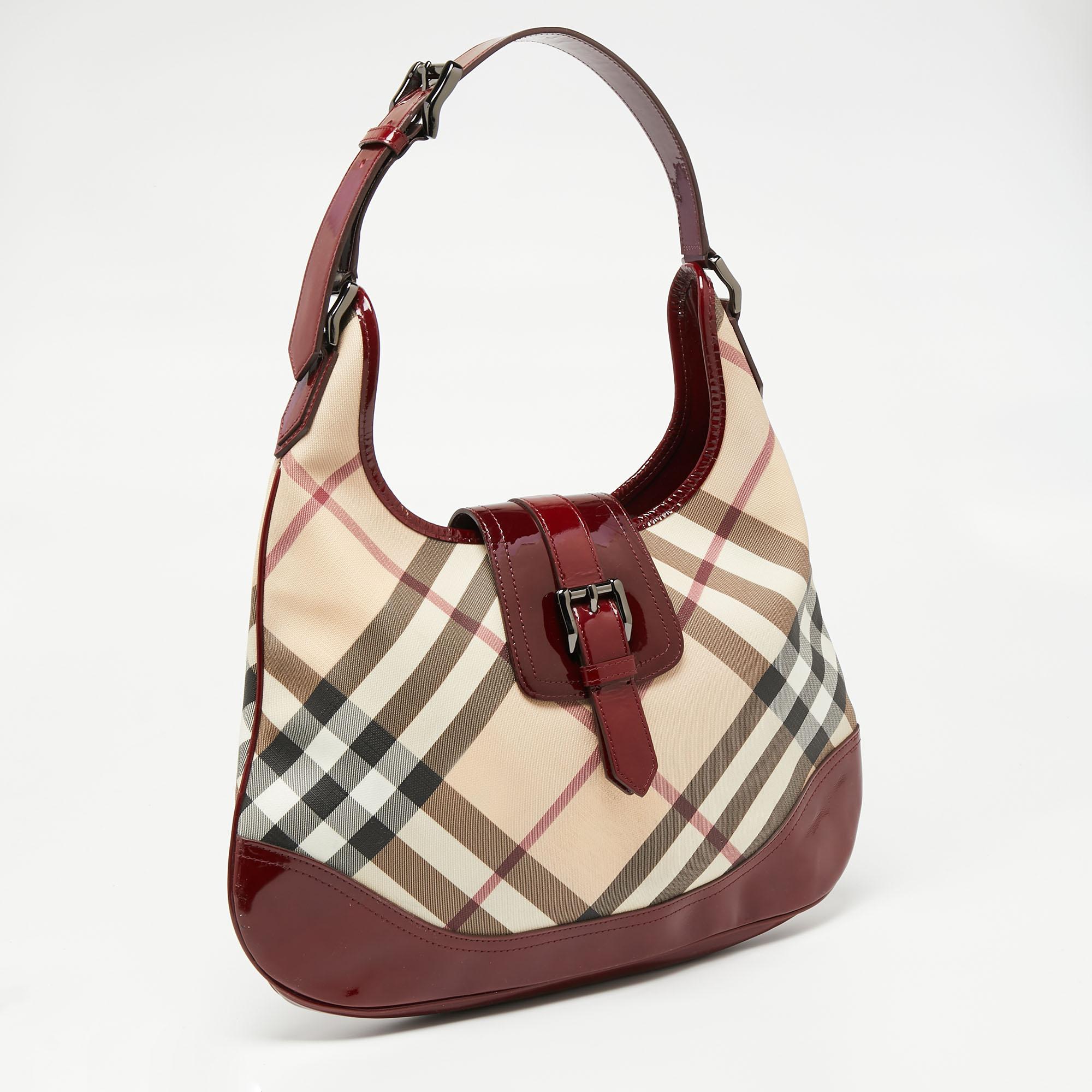 Burberry Red/Beige Nova Check PVC And Patent Leather Brooke Hobo 4
