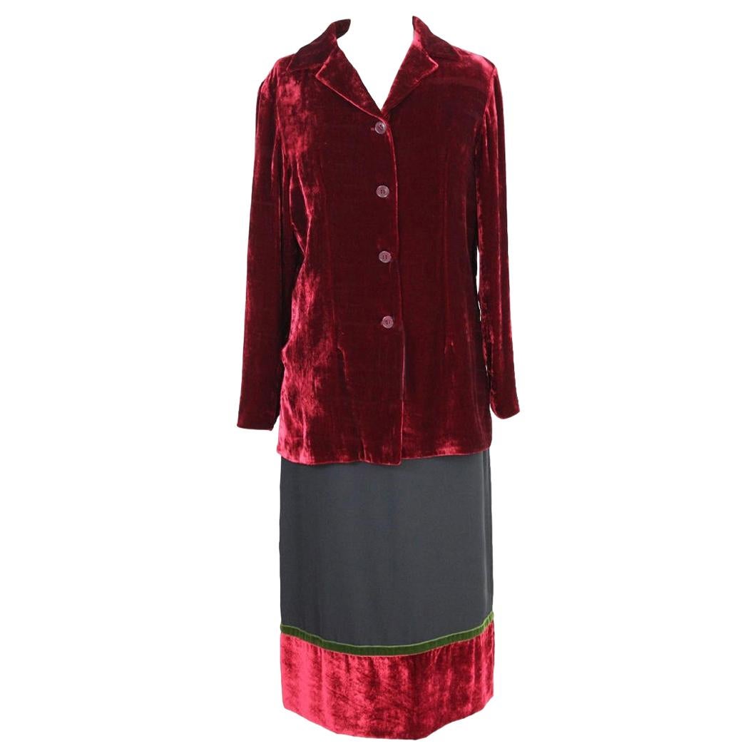 Burberry Red Black Green Velvet Cotton Skirt Suit Dress NWT 1990s 