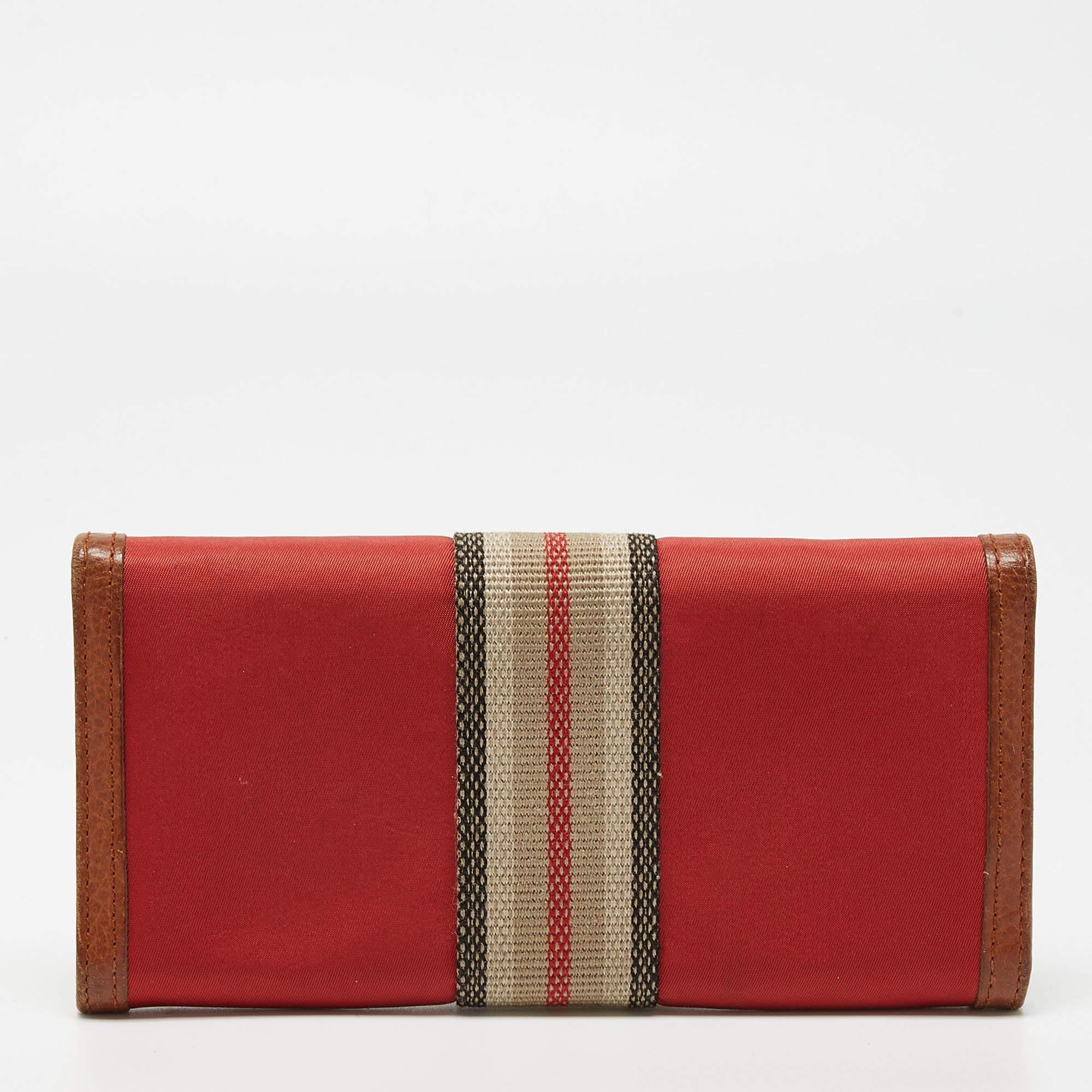 Burberry Rot/Braun Nylon und Leder Streifen Klappe Kontinental Brieftasche 1
