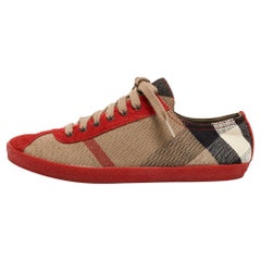 Burberry Red/Brown Suede and Nova Check Canvas Low Top Sneakers Size 37