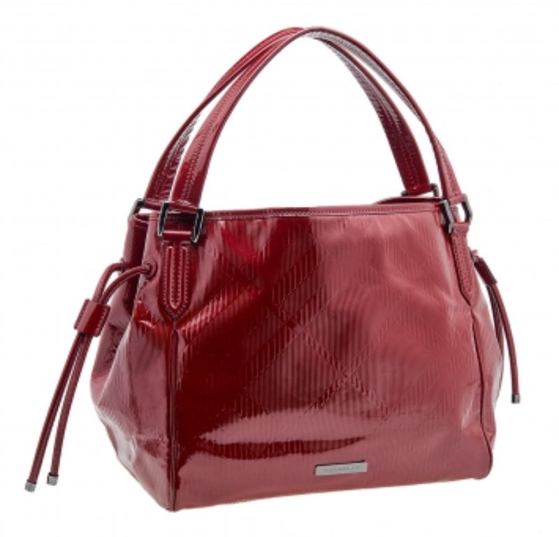 Brown Burberry Red Check Embossed Patent Leather Bilmore Tote For Sale