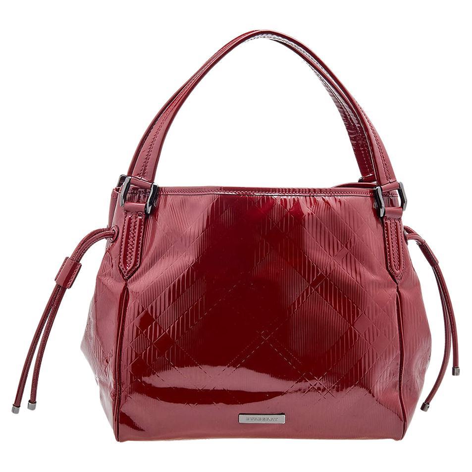 Burberry Red Check Embossed Patent Leather Bilmore Tote For Sale