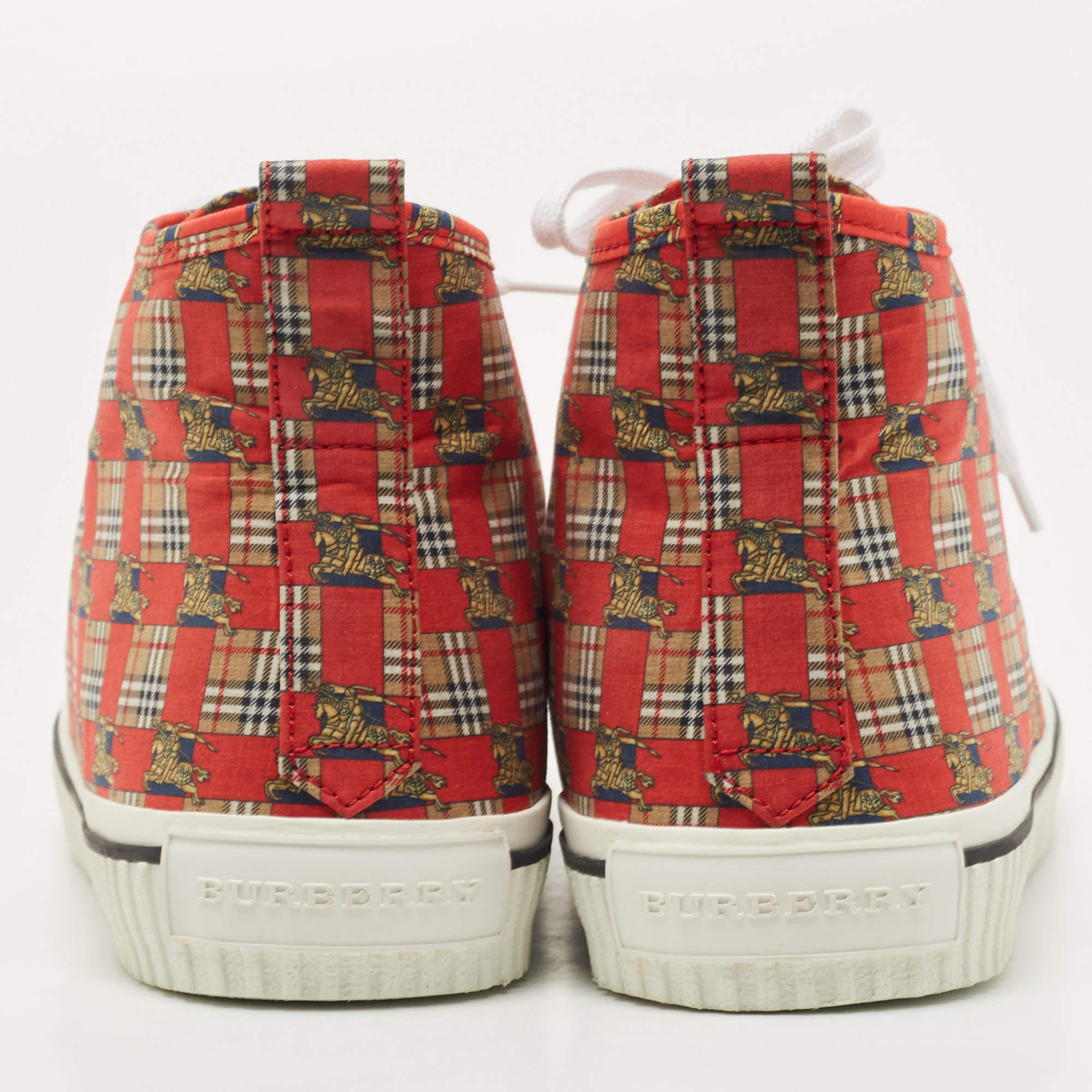 Beige Burberry Red Check Fabric Kingly High Top Sneakers Size 45 For Sale