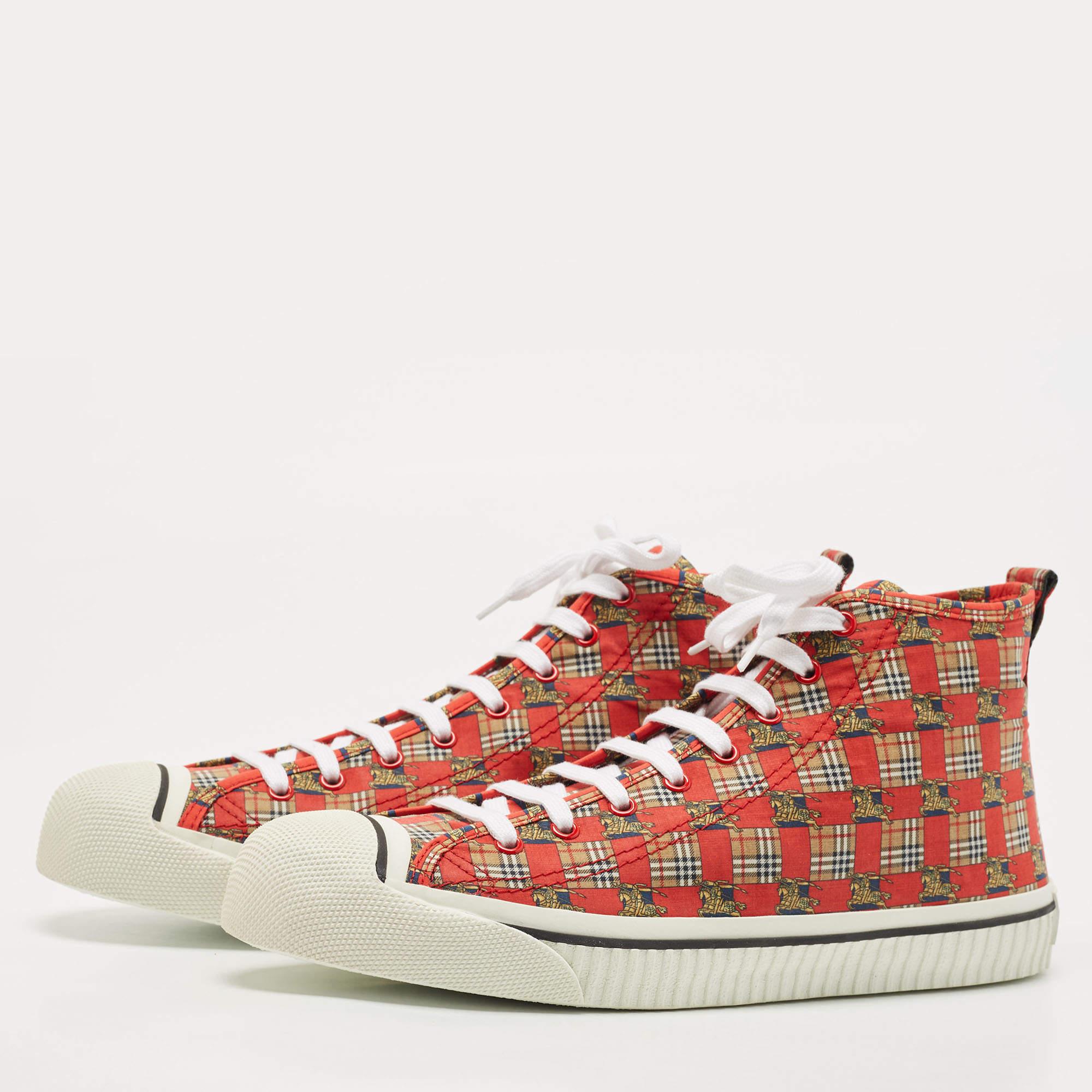 Burberry Red Check Fabric Kingly High Top Sneakers Size 45 In New Condition For Sale In Dubai, Al Qouz 2