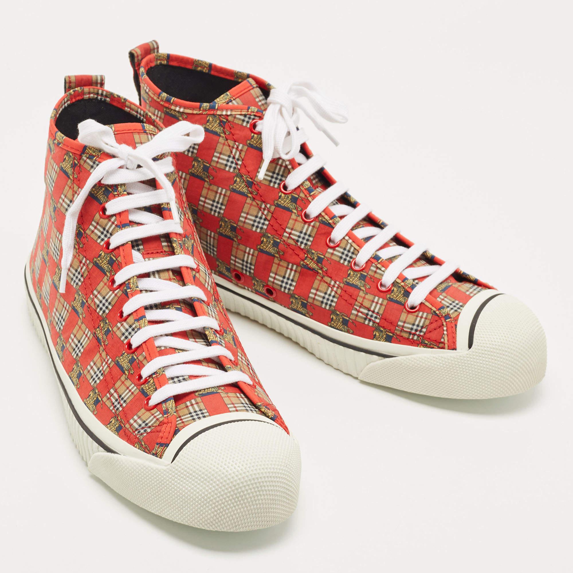 Men's Burberry Red Check Fabric Kingly High Top Sneakers Size 45 For Sale