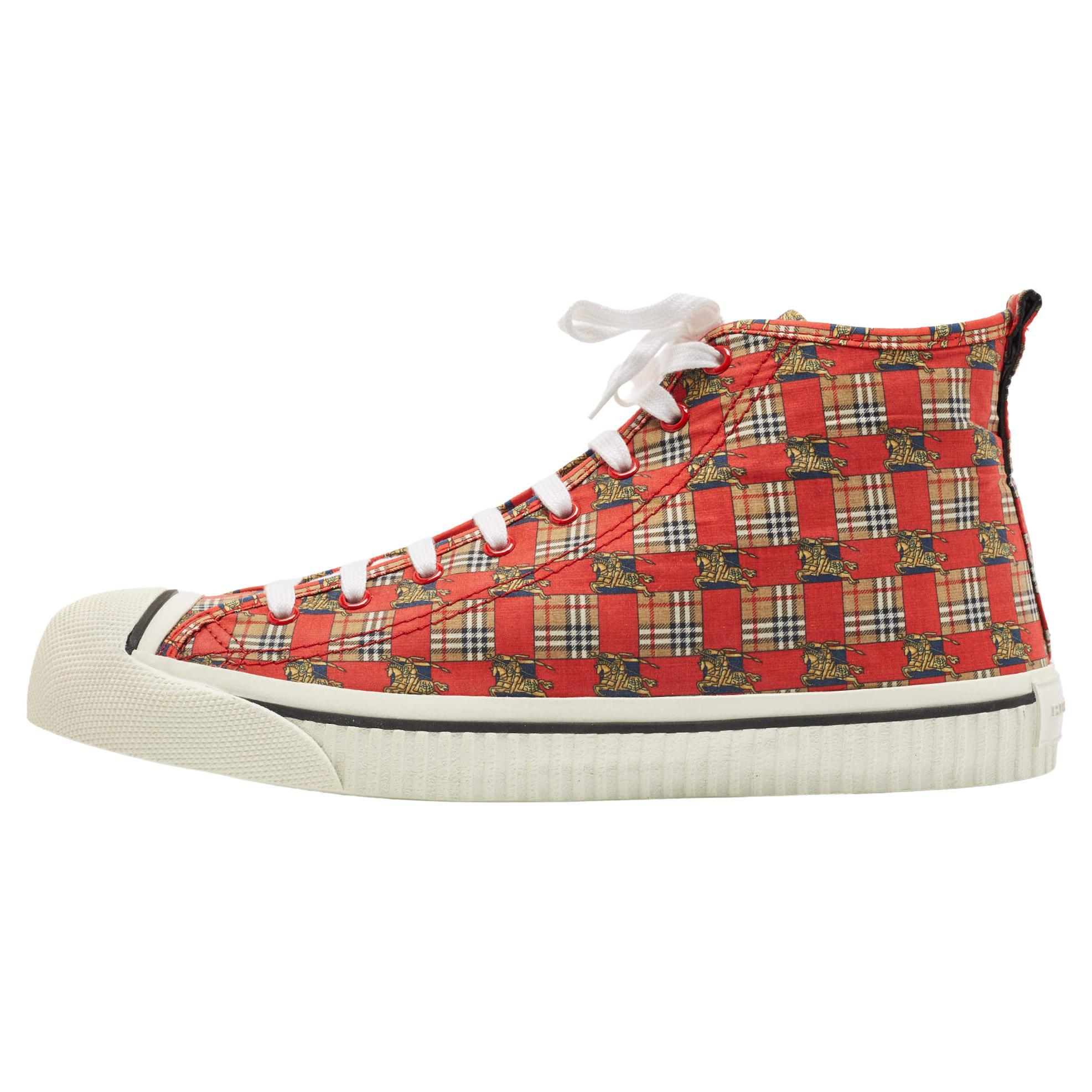 Burberry Red Check Fabric Kingly High Top Sneakers Size 45 For Sale