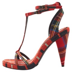 Burberry Red Checkered Canvas Hans T Strap Sandals Size 38.5