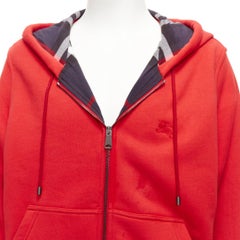 BURBERRY red cotton blend house check lined logo oversized hoodie XL