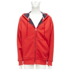 BURBERRY red cotton blend house check lined logo oversized hoodie XL