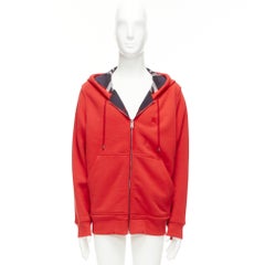 BURBERRY red cotton blend house check lined logo oversized hoodie XS