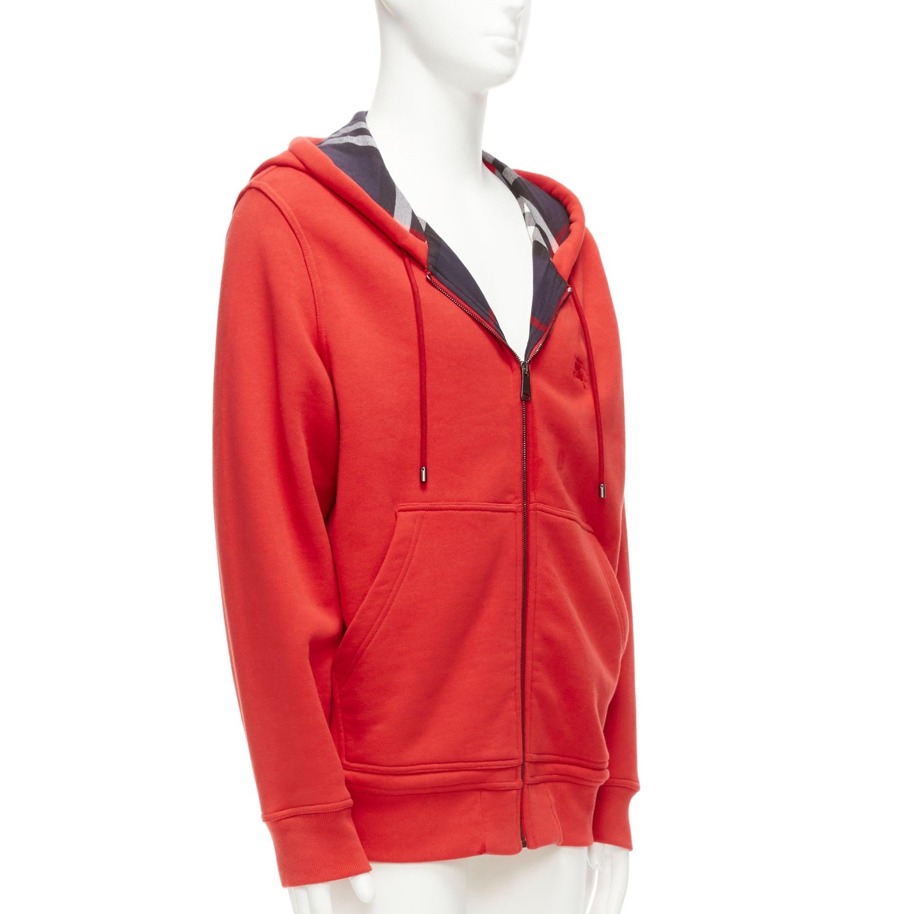 BURBERRY red cotton blend house check lined logo oversized hoodie XS In Fair Condition For Sale In Hong Kong, NT