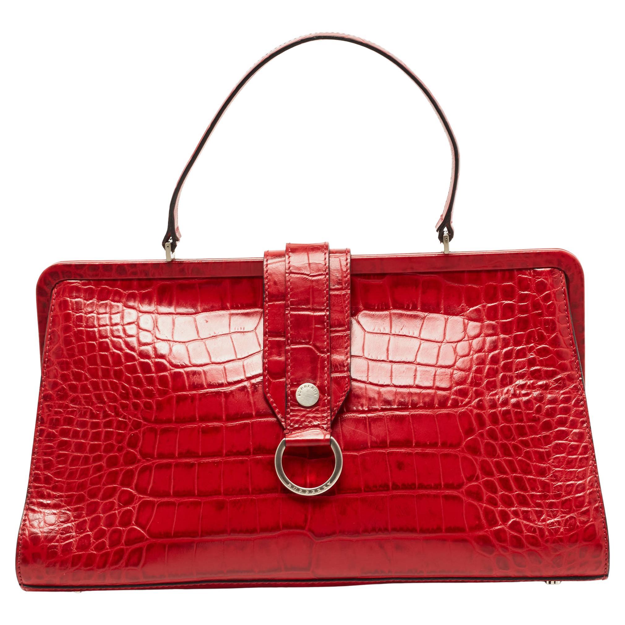 Burberry Red Croc Embossed Leather Frame Satchel For Sale at 1stDibs