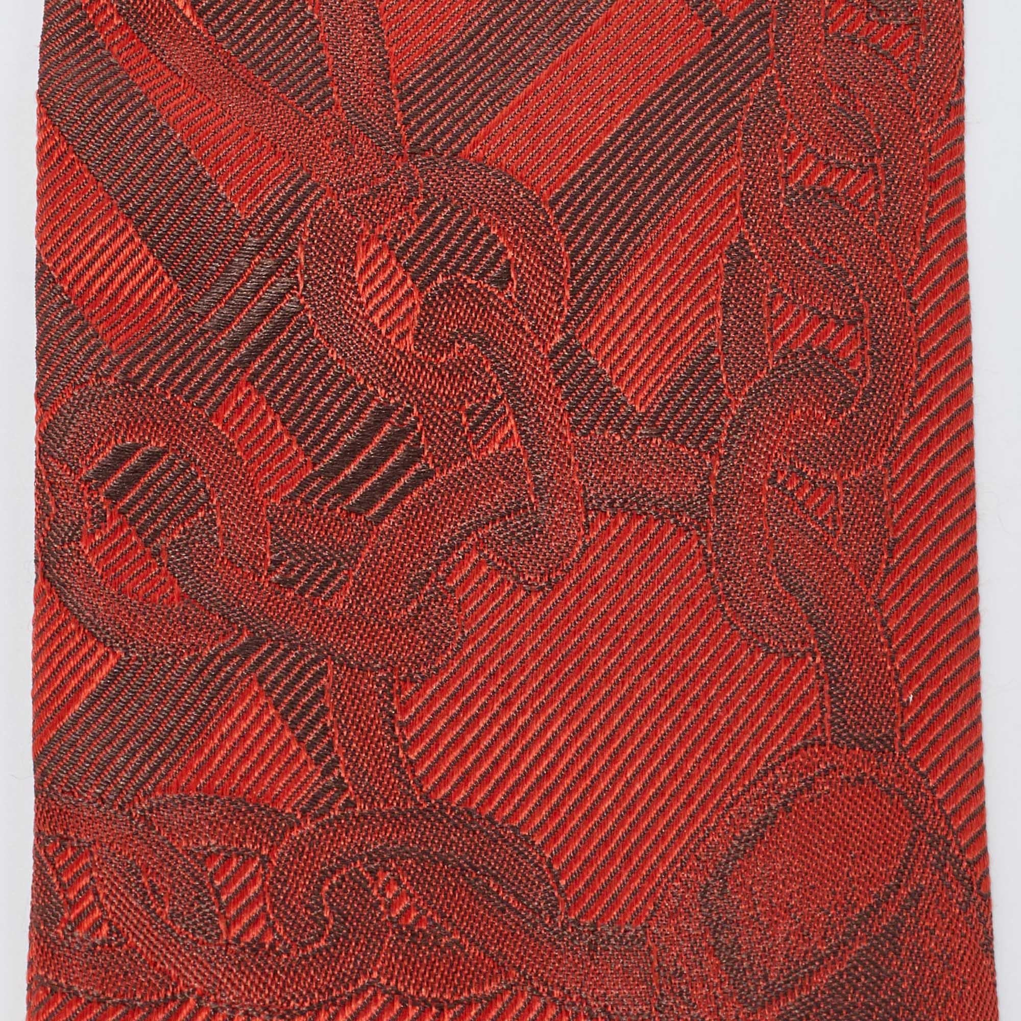 Orange Burberry Red D-Ring Detail Chain Silk Jacquard Ribbon Scarf For Sale
