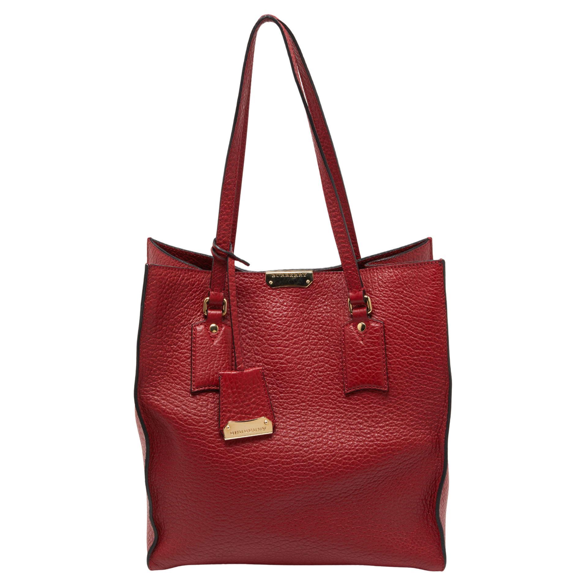 Burberry Red Grain Leather Woodbury Tote For Sale