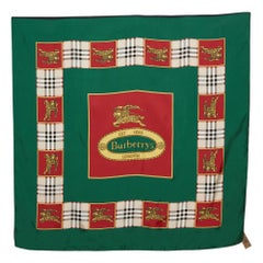 Burberry Red & Green Horse Crest Print Silk Scarf