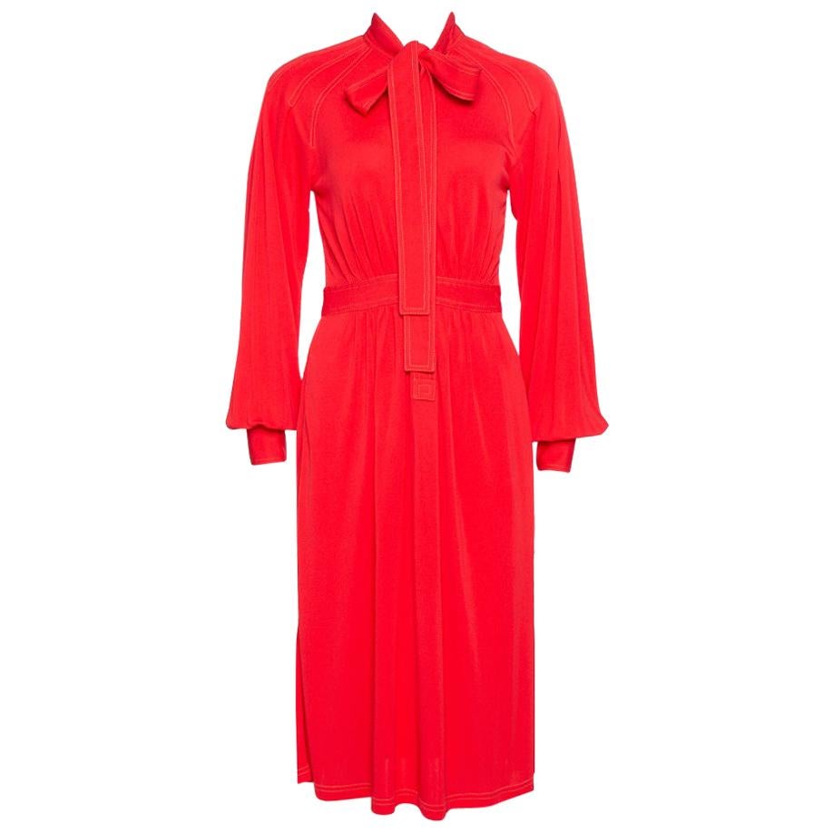 Burberry Red Jersey Top Stitch Detail Tie Neck Dress XS