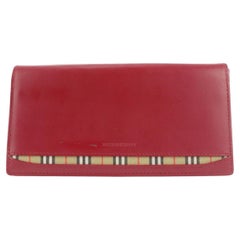 Vintage Burberry Red Leather Nova Check Flap Long Wallet 674bur318