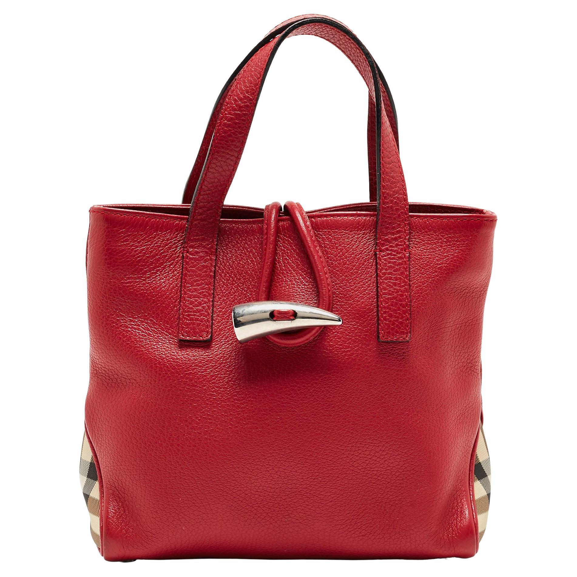 Burberry Red Leather Shark Tooth Tote For Sale
