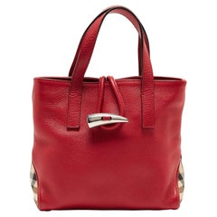 Used Burberry Red Leather Shark Tooth Tote